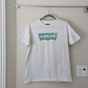 Vintage Levi's Logo with Teal Background on White Shirt